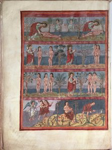 Add.10546 f.5v 亚当和夏娃，选自《穆蒂埃-格朗瓦尔圣经》，图尔卡罗琳圣马丁修道院绘制，拉丁文，约 834-843 年（牛皮纸） 作者 法语学校