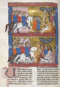 Add.15268，f.75v 《俄狄浦斯》，由科林斯国王波利巴斯发现，插图选自《Le Livre des ansienes estoires》，约 1285 年（牛皮纸） 作者 法语学校