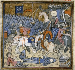 加页。15269，f.124v 十字军与撒拉逊人的战斗，插图选自 "Chroniques de France ou de St Denys"（牛皮纸上的墨水、彩色和金色）。 作者 法语学校