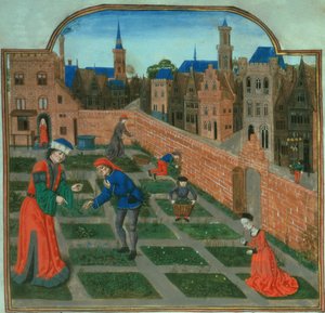 添加 19720 f.165 有围墙的城市花园，选自 Pietro de Crescenzi（1230-1320 年）的《Livre des Profits Ruraux》（牛皮纸）。 作者 法语学校