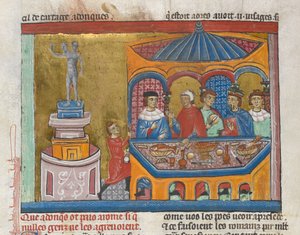 添加。MS 15268，fol. 242v 雅努斯神庙，参议员在前景用餐，选自 "Histoire ancienne jusqu