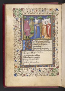 添加 MS 21247 f.40v 一位绅士和三位女士，选自 Alain Chartier 的《Le livre des quatre dames》（牛皮纸上的墨水、彩色和金色）。 作者 法语学校