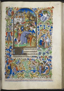 添加 Ms 18850 f.235r，《受难时刻》[之六]，基督背负十字架，选自《时刻之书》（《贝德福德时刻》），约 1410-30 年（牛皮纸上的墨水、彩色和金色）。 作者 法语学校