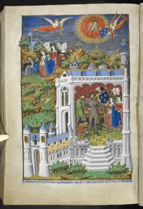 添加 Ms 18850 f.288v，《Legend of Fleurs de Lys》，选自《Book of Hours》（《The Bedford Hours》），约 1410-30 年（牛皮纸上的墨水、彩色和金色）。 作者 法语学校