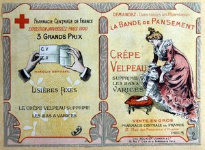 Crepe Velpeau "绷带广告，约1900年（彩色平版印刷）。 作者 法语学校