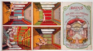 巴黎 "Bains de la Bourse et de la Presse "的广告（彩色雕刻）。 作者 法语学校