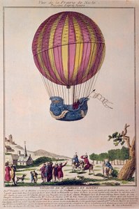 航空气球：第二次尝试乘坐气球飞行。1783 年 12 月 1 日，查尔斯和罗伯特在乘坐氢气球旅行后，降落在巴黎附近的内斯尔草原。18 世纪的雕刻作品。 作者 法语学校