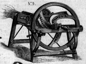 Agricultural machine: an English straw axe presented at the Paris agricultural competition in 1860. Engraving in “” Le Monde Illustré”” n°169 of 7 July 1860. 作者 法语学校