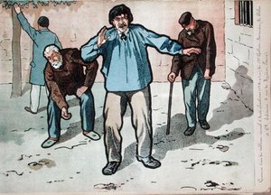 贫民窟里的酗酒者，加尔蒂埃-布瓦西埃医生关于酗酒危险的壁画的细节副本，19世纪末（彩色平版印刷）。 作者 法语学校