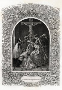 Alexander VII (Alexander or Alessandro) (Pope 1655 to 1667) at the foot of Christ. Engraving to illustrate Histoire des popes by Maurice Lachatre (1814-1900), librairie du progres, Paris. 作者 法语学校