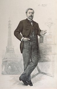 亚历山大古斯塔夫埃菲尔摆在他的办公桌与埃菲尔铁塔的绘图，从La Revue Illustree，1888年的插图 作者 法语学校
