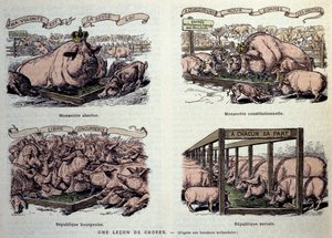 Allegories of the different types of government: the absolute monarchy, representing a well-fed pig and crowns “my will is the only law””, of the constitutional monarchy representing a small group of pigs who are privileged to eat their food “Some we are m 作者 法语学校