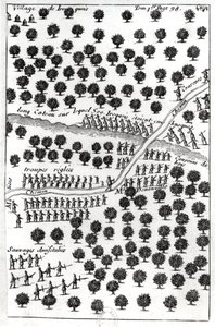 易洛魁人的埋伏，来自“Lahontan男爵和美国野性的对话”，于1704年阿姆斯特丹出版（版画）（bw照片） 作者 法语学校