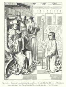1453 年，雅克·科尔在查理七世面前的荣誉罚款； 取材于《蒙斯特莱特编年史》的缩影； 15 世纪女士，Bibl nat（雕刻） 作者 法语学校