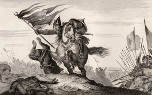 约 1840 年出版的 Colart 所著《法国历史》中的一位 8 世纪法国骑士在战斗（雕刻）。 作者 法语学校