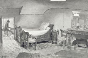巴黎艺术家的阁楼内部，1830年（笔和棕褐色墨水和纸张上的棕褐色） 作者 法语学校