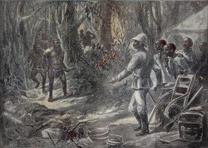 英国旅行者劳埃德（Lloyd）在探索非洲时发现了y格米人。 1899年8月8日刻在““ Le Pelerin””中。 作者 法语学校