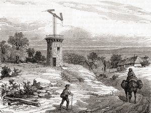 An aerial telegraph post in the 18th century, from Les Merveilles de la Science, published c.1870 (engraving) 作者 法语学校