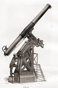 19 世纪法国巴黎天文台的赤道望远镜，出自 Les Merveilles de la Science，约 1870 年出版（版画） 作者 法语学校