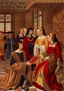 布列塔尼的安妮 (1477-1514) 被她的贵妇们包围。 16 世纪缩影后的色谱法。 巴黎装饰艺术图书馆 作者 法语学校
