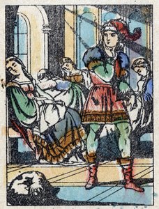 法国作家查尔斯-佩罗（1628-1703年）的故事《蛰居的美女》的匿名插图。木刻成像Pellerin - Epinal, sd.19世纪晚期。 作者 法语学校