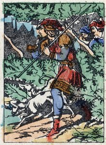 法国作家查尔斯-佩罗（1628-1703年）的故事《蛰居的美女》的匿名插图。木刻成像Pellerin - Epinal, sd.19世纪晚期。 作者 法语学校