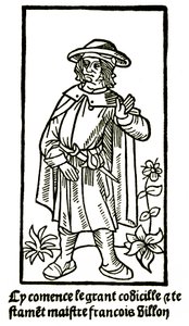 Apocryphal portrait of the poet Francois Villon in “The Grand Testament” - “Cy comence le grant codicille & testamet maistre Francois Villon"” (here begins the grand codicille et testament) edition P Levet 1489 (woodcut) 作者 法语学校