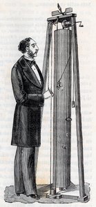 阿瑟-儒勒-莫兰（1795-1880）的仪器，用于研究物体的坠落 - Alexis Clerc的 "科学带给所有人的恩惠--大众物理学和化学 "中的版画 - 19世纪末 - 私人收藏 作者 法语学校