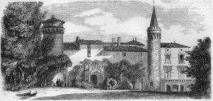 建筑：圣点（Saint-Point）城堡的景观（13世纪），Alphonse de Lamartine的住所。索恩河和卢瓦尔河（71）。1857年10月31日《世界画报》第29期上的版画。 作者 法语学校