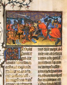 陆军战斗机。 取自 Francesco Petrarca 或 Petrarch（1304-1374）的手稿的缩影，意大利博学、诗人和人文主义者，De Viris Illustribus，23rv。 瓦伦西亚大学图书馆。 作者 法语学校