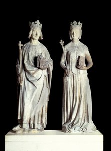 法国艺术。法国国王查理五世（1338-1380）和法国王后让娜-德-波旁（1337-1378）的雕像，被称为查理智者。14世纪的石灰岩雕塑。可能来自卢浮宫东侧入口的外墙（装饰）。 作者 法语学校