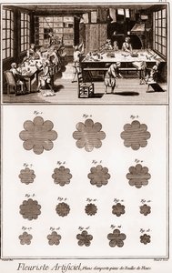 人造花艺师工作室。丹尼斯-狄德罗（1713-1784）和让-达朗贝尔（1717-1783）的《科学、艺术和职业的百科全书或词典》。 作者 法语学校