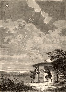 本杰明-富兰克林对闪电电性的研究的艺术家印象，选自《科学的奇迹》，作者 Louis Figuier，约 1870 年（雕刻）。 作者 法语学校