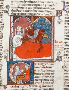 Arundel 484 f.245 死人床上的魔鬼或恶魔，选自《Digestum Vetus》的插图，有 ordinaria gloss，作者查士丁尼，约 1300-10 年（牛皮纸） 作者 法语学校