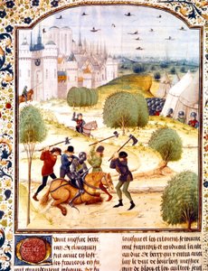 1437 年一名英国骑士在巴黎郊外遇刺（100 年战争），来自 Jean de Wavrin 撰写的《英格兰编年史》的插图 作者 法语学校