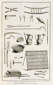 各种各样的园艺工具，来自Denis Diderot的Encyclopedie des Sciences et Metiers（1713-84）发表于1770年 作者 法语学校