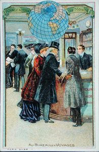 在旅行社"，来自一系列儿童收集卡，约1880-90年（彩色平版印刷）。 作者 法语学校