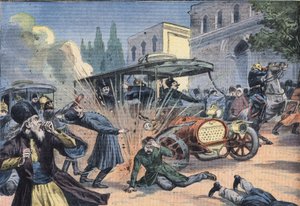 攻击波斯国王穆罕默德-阿里-沙-卡贾尔（1872-1925）。来自报纸 "小巴黎人 "的雕版画 作者 法语学校
