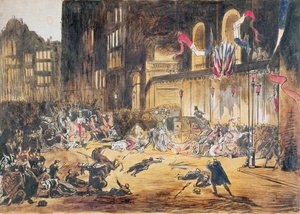 1858年1月4日在巴黎尝试拿破仑三世和他的妻子Eugenie的生活，由Felice Orsini和三个同伙组成（彩色版画） 作者 法语学校
