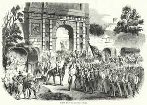 奥地利军队进入意大利米兰，1848年8月6日（雕版印刷）。 作者 法语学校