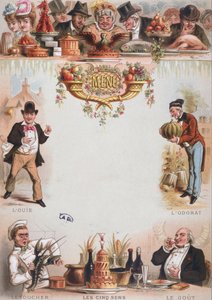 描绘五种感官的菜单背景印刷品，19世纪末（彩色平印）。 作者 法语学校