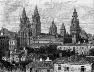 巴洛克艺术：圣地亚哥-德孔波斯特拉大教堂（Santiago de Compostela）的景色。西班牙。1880年8月14日《世界画报》第1220期上的版画。 作者 法语学校