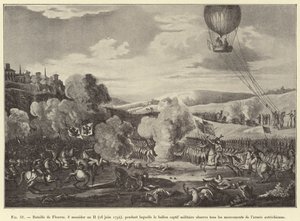 Fleurus 之战，8 Messidor Year II（1794 年 6 月 26 日），在此期间，军用俘虏气球观察了奥地利军队的所有动向（雕刻） 作者 法语学校