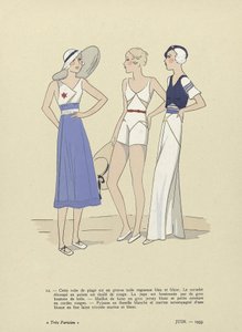 来自《Tres Parisien》的沙滩装，1933 年 6 月（pochoir 印花）。 作者 法语学校