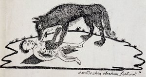 野兽撕裂了一个孩子（Gévaudan 的野兽） - 木版画出版于 Mende (Archives du Puy-de-Dôme) 作者 法语学校