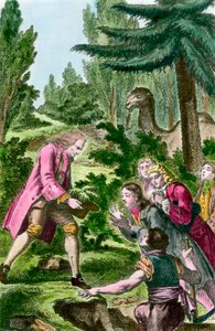 Bernard de Jussieu (1699-1777) 于 1734 年在巴黎的植物园中种植来自黎巴嫩的雪松。18 世纪雕刻。 作者 法语学校