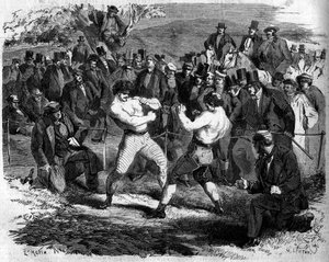 4月17日，英国人托马斯-赛尔斯（1826-1865）和美国人约翰-卡梅尔-希南（1833-1873）在英国奥尔德肖特举行的拳击比赛。 作者 法语学校