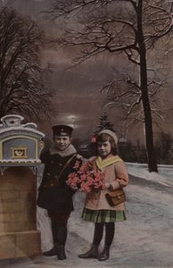 男孩和女孩，在雪中，即将发布一封信 作者 法语学校