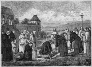 在萨瓦的塔米修道院（Cistercian Community）埋葬一位卡尔图斯人。1875年的雕版画。 作者 法语学校