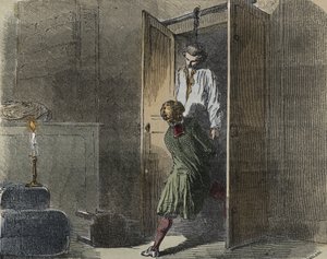卡拉斯案：1761年10月13日，马克-安托万-卡拉斯被发现在图卢兹的家庭精品店中被绞死--"Causes celebres de tous les peuples "中的版画，作者Armand Fouquier (1817-18?) 1858-1867 - 私人收藏 作者 法语学校